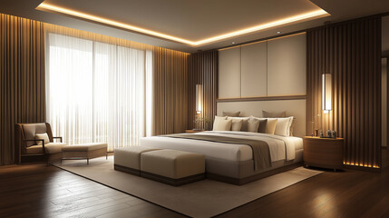 Farmhouse-style bedroom with wooden furniture and cozy bedding