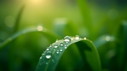 Macro photography of morning dew on leaves with sharp focus on details and a blurred background