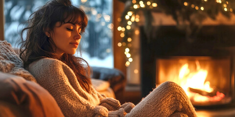 A woman in a warm sweater relaxes by the fire in a cozy living room during winter, with festive lights and snow visible through the window.