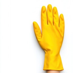 Yellow rubber glove on a white background for cleaning and household tasks.