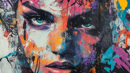 Abstract painting of a woman's face with colorful splashes and brushstrokes.