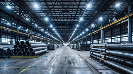 Fototapeta premium Industrial Warehouse with Stacks of Metal Pipes