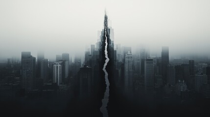 Fototapeta premium Fading Cityscape: A once-vibrant city skyline gradually fading into darkness, with buildings turning into transparent, crumbling structures