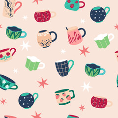 Cups seamless pattern on pink background. Cute mug and cup different shapes and ornaments. Modern flat cartoon style.