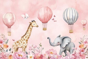 A kids' wallpaper mural featuring cycling animals with balloons, including a giraffe and elephant, set against a watercolor pink background. The design includes hot air balloons, blooming flowers 