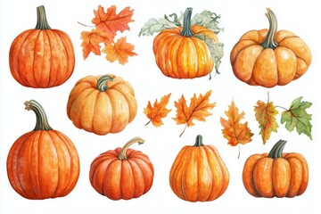 A set of autumn pumpkins, watercolor