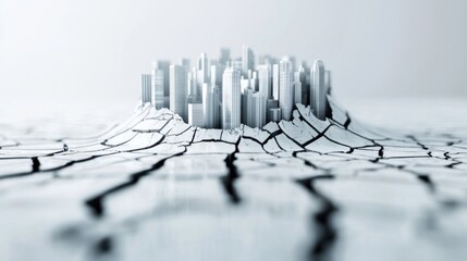 Falling Market Grid: A network of interconnected buildings and structures, placed on a tilted grid with cracks forming along the surface