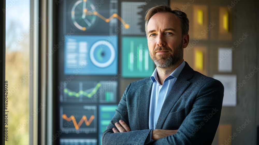Poster a professional man stands confidently in front of data analysis charts, projecting a strong image of