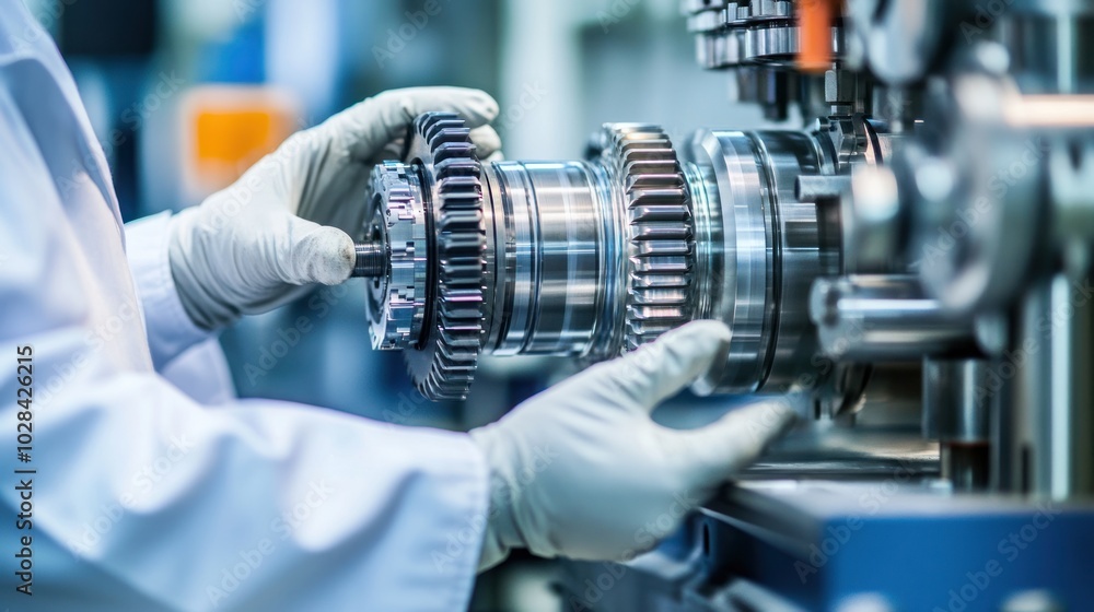 Poster a technician assembles precision gears in a mechanical workshop.