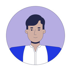 Demure indian man in cardigan with white shirt 2D linear vector avatar illustration. South asian guy cartoon character face portrait. Head and shoulders. Round frame flat user profile image isolated