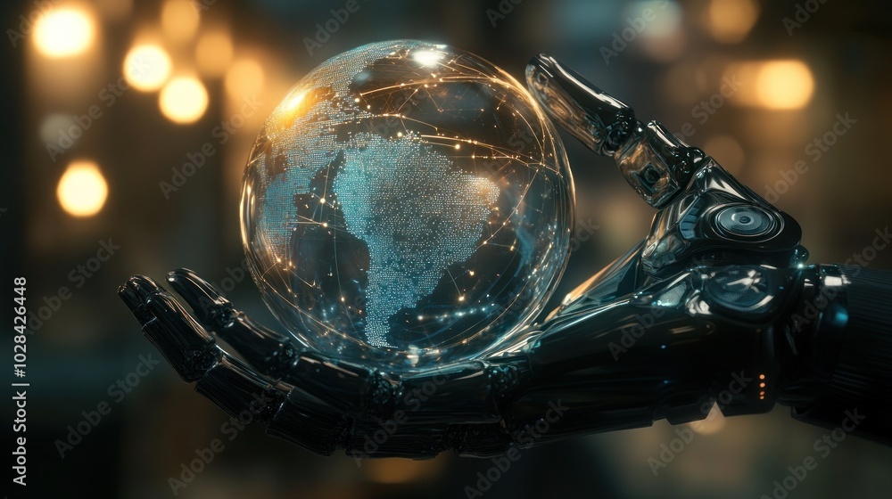 Poster a robotic hand holds a transparent globe with interconnected lines, symbolizing technology and conne