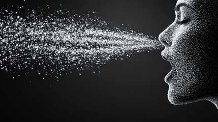 Flowing Words to Action: A stream of words flowing out of a person, gradually transforming into physical objects like hands and tools that create actions in the world