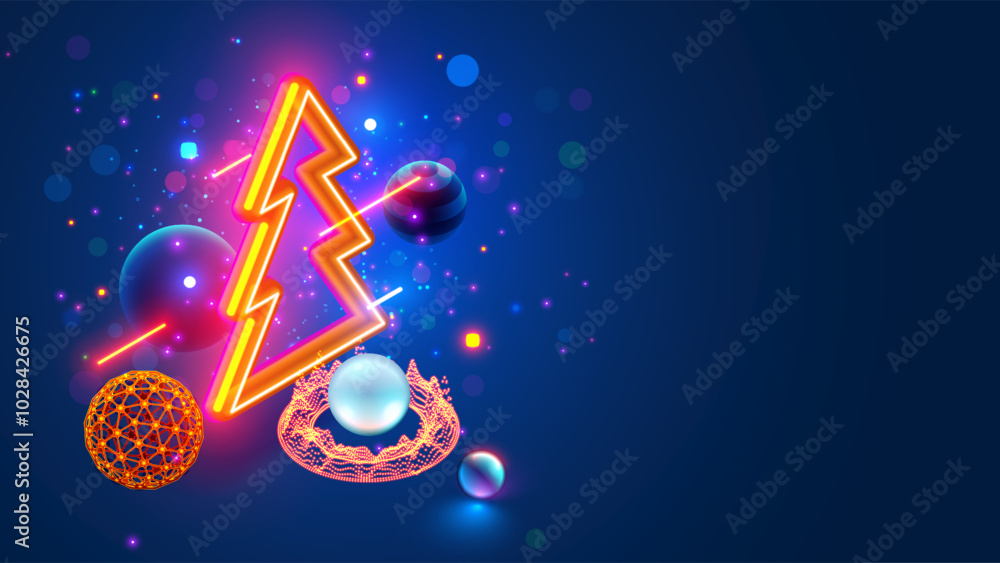 Poster Christmas and New Year background in computer tech 3d geometric abstract style. Neon isometric christmas tree with decoration balls.