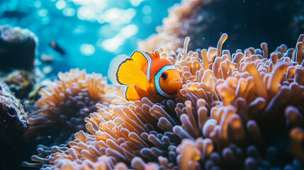 A bright orange clownfish hiding in an anemone