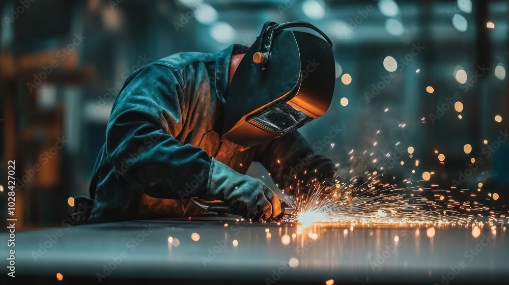 Poster a welder working on metal, creating sparks in a workshop environment.