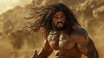 Portrait of Samson, the strongman of the Bible, muscular build with wild long hair, intense and fierce expression, holding the jawbone of a donkey