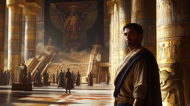 Daniel in Babylon, standing before King Nebuchadnezzar, confident and composed expression, wearing fine attire, palace setting with detailed Babylonian art, high-resolution, dramatic lighting