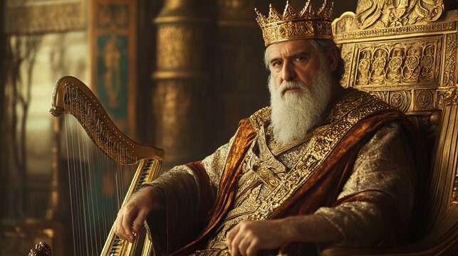 King David sitting on his throne, regal and majestic, wearing a golden crown, richly detailed royal robes, harp beside him, wise and experienced expression, high-resolution, ornate palace background