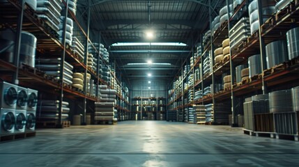 An Empty Warehouse with Metal Storage Shelves Filled with Goods