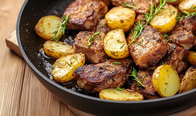 Fototapeta premium fried pork ribs and potatoes in a frying pan, Generative AI 