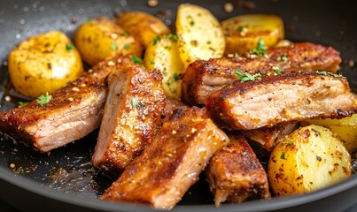  fried pork ribs and potatoes in a frying pan, Generative AI 