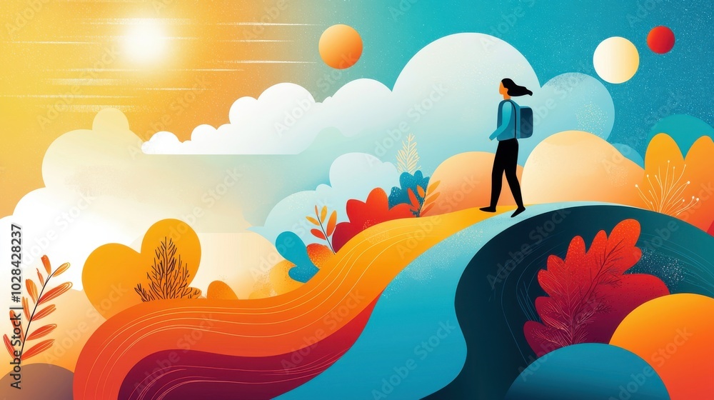 Poster going out to find success: a figure walking on a winding path with determination, surrounded by symb