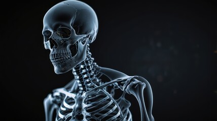 A 3D rendered image of a human skeleton, with a focus on the skull and upper torso. The skeleton is shown in a realistic and detailed manner.