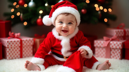 Baby in Santa Claus costume sitting next to Christmas presents