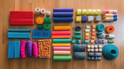 Fototapeta premium Colorful Craft Supplies Arrangement on Wooden Floor