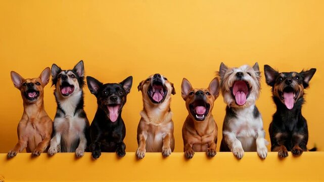 A line of dogs of different breeds look straight into the camera with open mouths and smiles