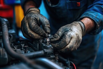 Closeup of a mechanic's hands working on a car engine.