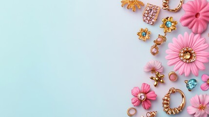 Colorful Jewelry and Flowers on a Pastel Background