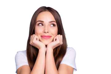 Close-up portrait of her she nice-looking attractive fascinating cheerful cheery straight-haired lady enjoying life fantasizing isolated over bright vivid shine blue green teal turquoise background