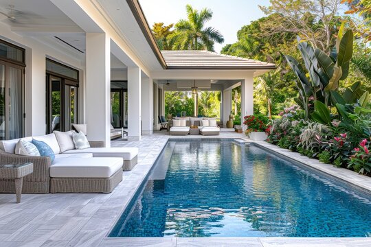 Beautiful Miami home with an infinity pool and outdoor seating area surrounded by tropical plants, perfect for relaxation after work or school.
