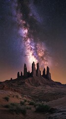 A breathtaking shot of the Milky Way stretching across the night sky above a rugged desert