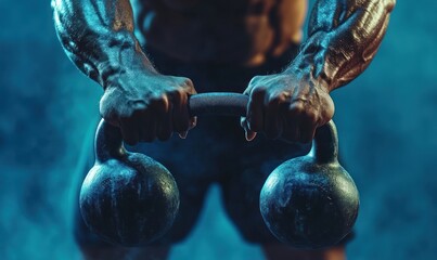 Close-up of a muscular man's hands holding a kettlebell in a gym.