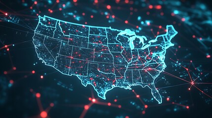 Cybersecurity Concept: US Map with Red Alert Nodes and Blue Network
