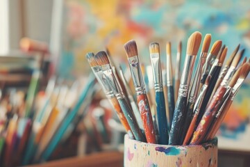 Obraz premium Close-up of a paintbrush holder with paintbrushes of various sizes, paint splatters, and a blurred colorful background.