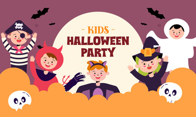 Halloween Kids Party Welcome Banner. Cute Boys and Girls Wear Halloween Horror and Monster Costume Illustration