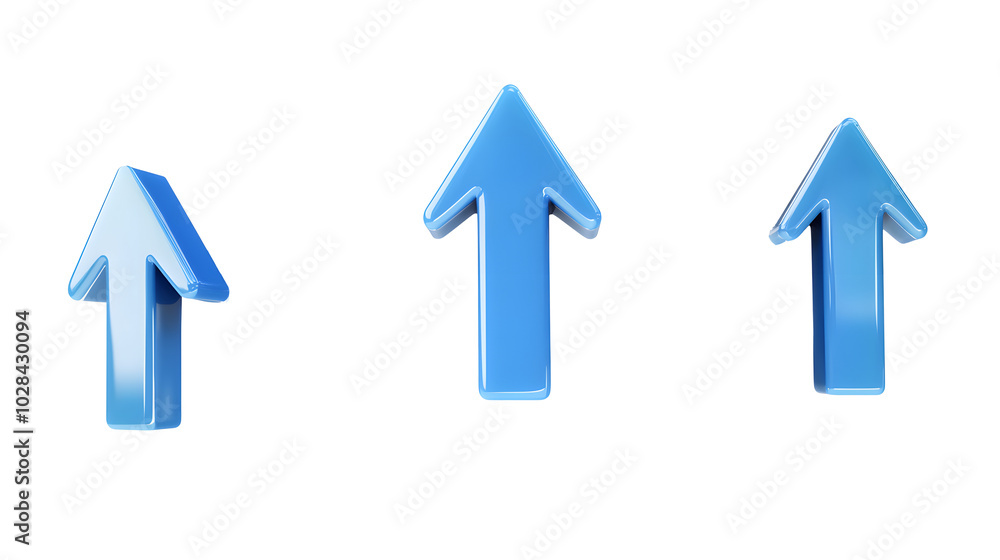 Poster collection of blue arrow up 3d icon cartoon style floating on transparency background png