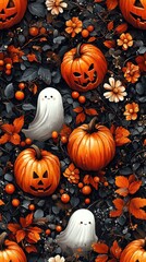 A cheerful ghost nestled among vibrant orange pumpkins and autumn leaves, creating a lighthearted Halloween atmosphere in a colorful, playful design.