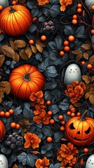 A cheerful ghost nestled among vibrant orange pumpkins and autumn leaves, creating a lighthearted Halloween atmosphere in a colorful, playful design.