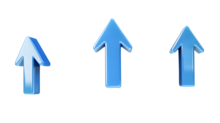 Collection of blue arrow up 3d icon cartoon style floating on transparency background PNG