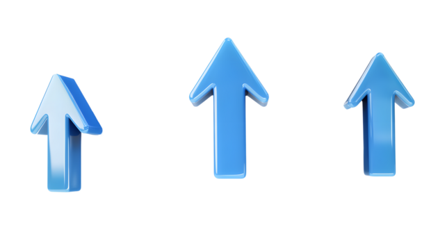 Collection of blue arrow up 3d icon cartoon style floating on transparency background PNG