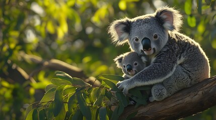 Fototapeta premium Koala Mother and Joey Perched on Eucalyptus Branch in Sunlight