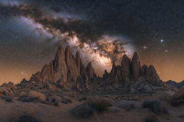 A breathtaking shot of the Milky Way stretching across the night sky above a rugged desert