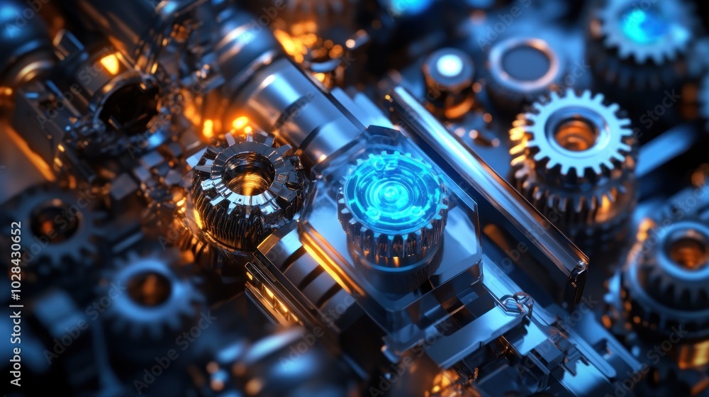 Poster a close-up view of intricate metallic gears and components with blue lighting effects.