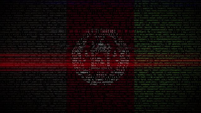 Binary code on flag of Afghanistan. Program source code or Hacker concept on Afghan flag. Afghanistan digital technology security, hacking or programming concept