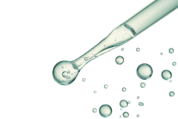 Pipette dropper releasing a drop of liquid with bubbles, white background. PNG transparent.