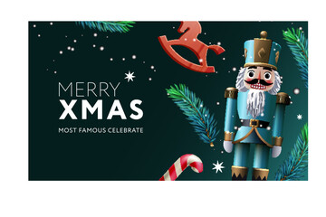 Christmas composition made of wooden Nutcracker, Christmas tree branches, candy and toy rocking horse, vector illustration